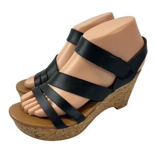 Naturalizer Cynthia Wedge Sandals Womens 6M Black Leather Strappy Platform